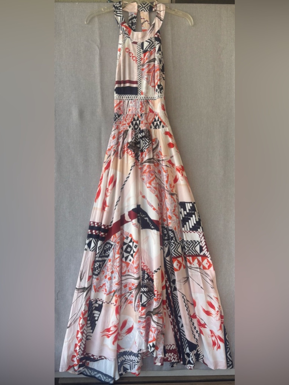 Able the label Printed Maxi Dress in Coral, Cream halter ties in the back boho